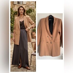 Zara Long Blazer Size XXL Tan Double Breasted Tailored Classic Coat Jacket